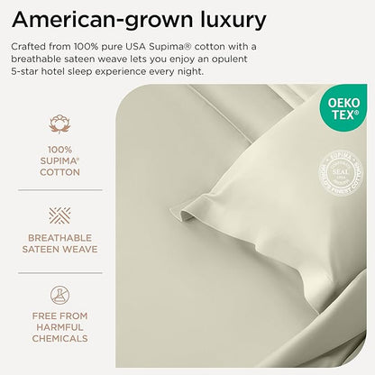 Threadmill 100% Supima Cotton Sheets, Premium 1200 Thread Count Cotton Sheets for King Size Bed, 4 Pc Ivory King Bed Sheets Set, 5-Star Hotel Quality with Elasticized Deep Pocket King Sheet