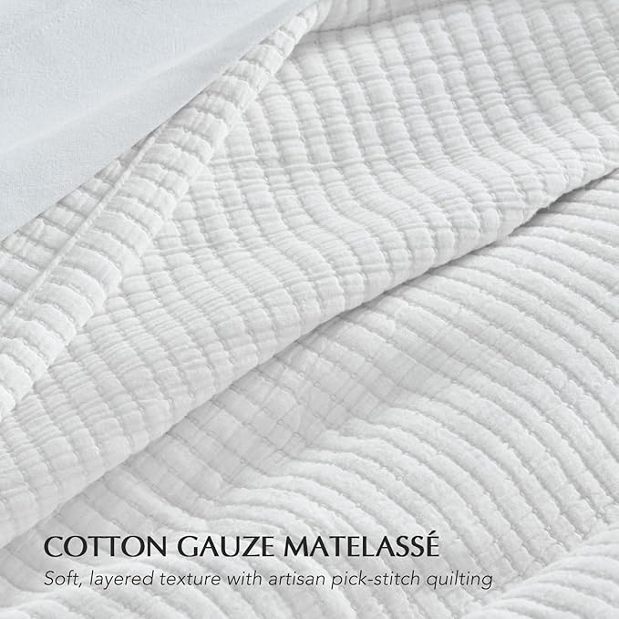 EVERGRACEHOME Cotton Gauze King Bedspread, Ultra Soft Prewashed Pick Stitch Matelassé Coverlet, Lightweight Textured Oversized King Quilt Bedding Set for All Season, with 2 Shams, Ivory White