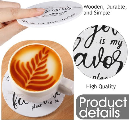 Queekay Coasters Set of 6 House Warming Gifts New Home Wooden Farmhouse Drink Coasters with Holder 4'' Funny Decoration for Kitchen Family Coffee Bar Tabletop Protection(White Marble)