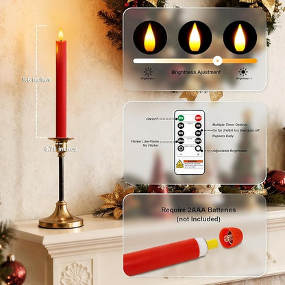 Homemory 2 Pcs Real Wax Made Red Flameless Taper Candles with Remote and Timer, 9.6" Battery Operated Candle Stick Flickering, Led Taper Candles with Lifelike Flame for Xmas Home Decor
