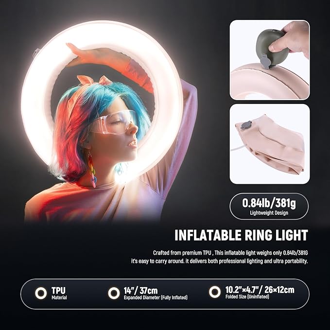NEEWER 14" Inflatable Large Ring Light with Tripod Stand/Phone Holder/Remote, 35W Portable LED Ringlight 2900-6500K 2400lux CRI95+ for iPhone Selfie Streaming Video Recording Makeup Lash Studio, RA14B