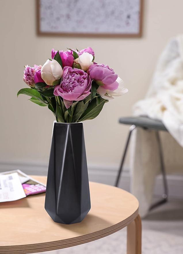 D'vine Dev 11 Inch Matte Black Ceramic Vase, Geometric Handmade Craft Flower Vase with Design Box Packaged, VS-GM-MB-11