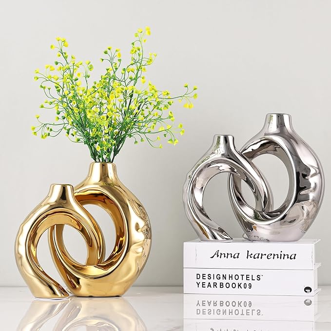 LCCCK Gold Ceramic Vases for Home Decor, Boho Vase for Flowers Pampas Grass Decorative, Hollow Donut Small Vase for Living Room Table Wedding Centerpiece Modern Vases (Silver)