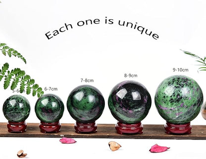 JIC Gem Crystal Sphere Ruby Zoisite Healing Ball With Wood Base - Red&Green Treasure Gemstone for Reiki Chakra Decor (70-80mm)
