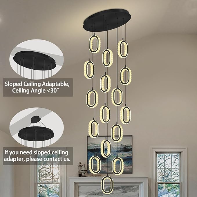 Modern Large Ring Chandelier for High Ceiling Black Stair Chandeliers for Foyer LED Crystal Ring Drop Chandelier Dimmable 2700K-6000K 16-Light