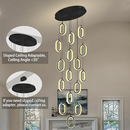 Modern Large Ring Chandelier for High Ceiling Black Stair Chandeliers for Foyer LED Crystal Ring Drop Chandelier Dimmable 2700K-6000K 16-Light