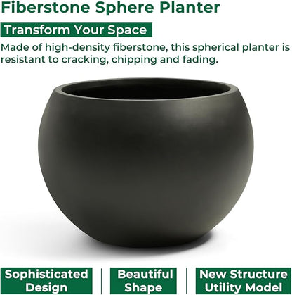 Fiberstone Sphere Planter, Black 15.8" Dia Round Flower Pot with Drainage Hole and Removable Plug, Round Plant Pot for Indoor Outdoor Use, 11.8" Opening-10.9" H, Medium