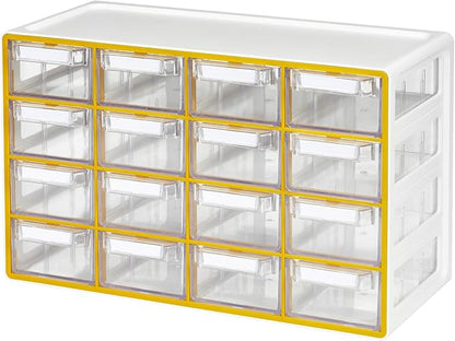 Blue Ginkgo Medium 16-Drawer Cabinet – Stackable Clear Organizer for Hardware, Beads, Plastic Bricks, Office, and Craft Storage (Made in Korea, Yellow)