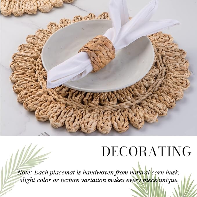 15" Set of 4 Round Corn Husk Placemats | Boho Woven Rattan Table Mats | Farmhouse Wicker Spring Plate Chargers Like Water Hyacinth, Seagrass for Wedding, Party, Christmas, Events