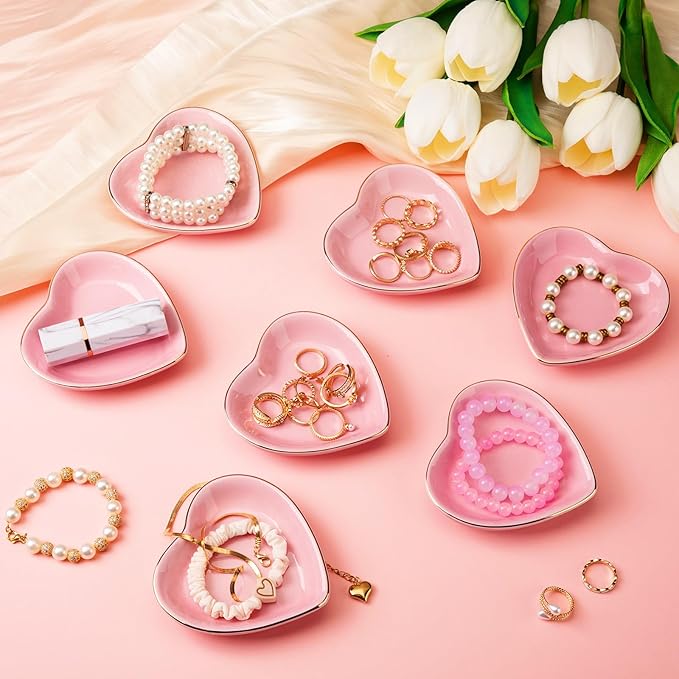 Shappy 12 Pcs Valentine Ceramic Jewelry Tray 4.5 in Pink Heart Ring Dish Trinket Gift for Women Birthdays Party Decoration