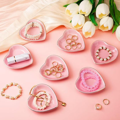 Shappy 12 Pcs Valentine Ceramic Jewelry Tray 4.5 in Pink Heart Ring Dish Trinket Gift for Women Birthdays Party Decoration