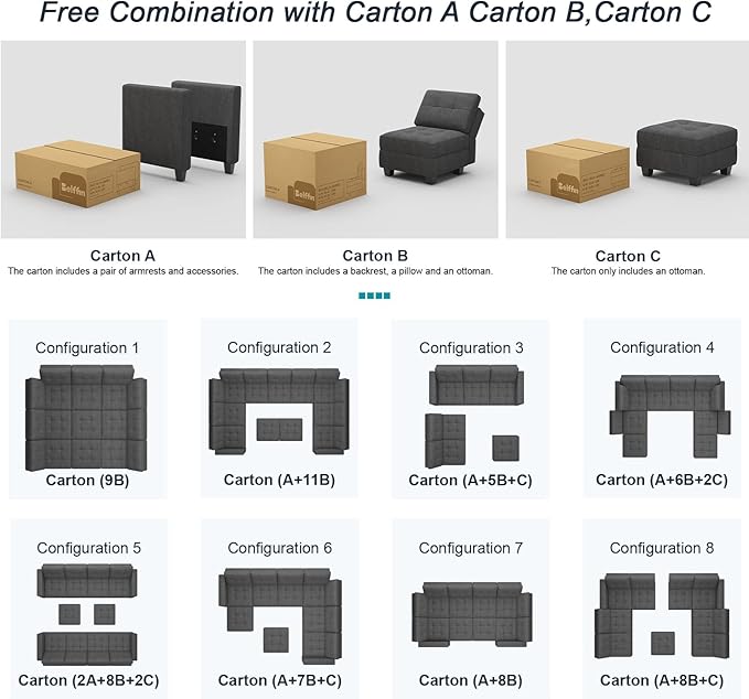 Belffin Middle Module Seat for Modular Sofa Sectional Couch with Storage Accent Armless Sofa Chair Modern Fabric Dark Grey