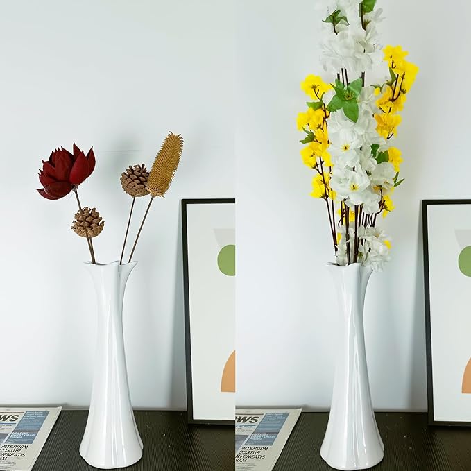 12Inch Tall White Ceramic Vase for Home Decor, Modern Textured Vase for Living Room, Farmhouse, Shelf, Table Centerpieces
