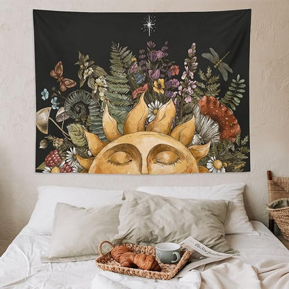 Vintage Sun Tapestry Wall Hanging,Hippie Boho Mushroom Floral Plant Tapestries for College Dorm Living Room Bedroom Decor(60"x80")