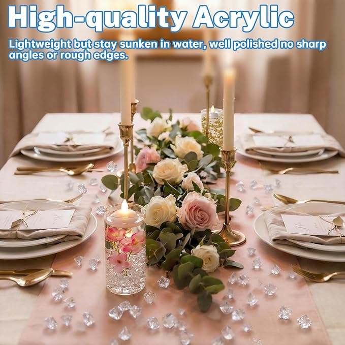 9Pcs Glass Cylinder Vases with Floating Candles for Centerpieces, 1150 Acrylic Fake Ice Cubes 12 Pearl String Vase Filler Floating Candle Holder Centerpieces for Tables Party Event Wedding Home Decor