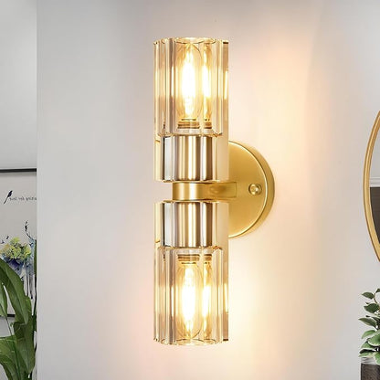 Gold Wall Sconce, Modern Bathroom Sconces Wall Lighting Vanity Light Fixtures with Clear Crystal, Hardwired Brushed Brass Wall Mount Lights for Living Room Corridor Mirror Bedroom Stairs
