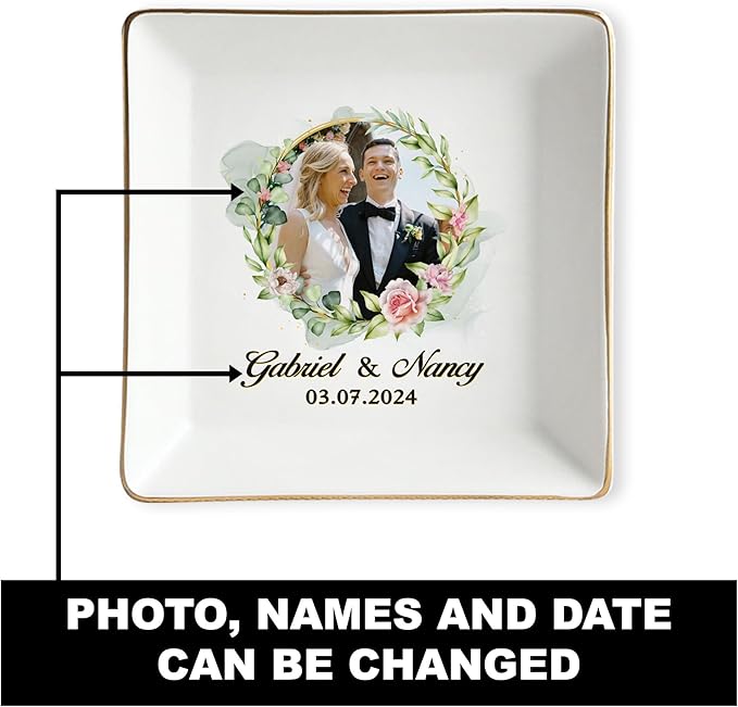 Personalized Photo Wedding Ring Dish Gifts for Couples, Married Jewelry Tray Ring Holder, Wedding Gifts for Women Newlywed Future Bride To be, Engaged Gift for Mr Mrs Wife Husband Him Her