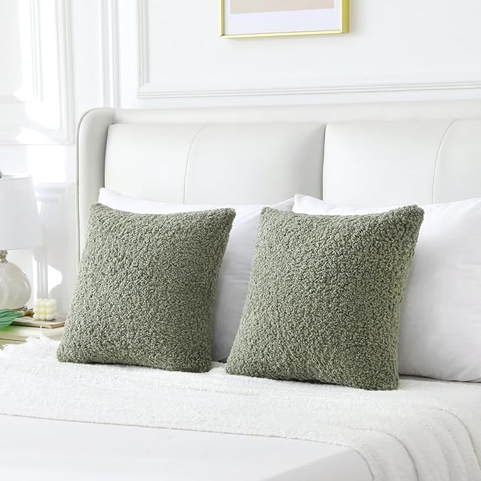 FUTEI Sage Green Throw Pillow Covers 26x26 Inch Set of 2,Furry Faux Fur Teddy Boucle Textured Cushion Covers,Soft Fluffy Decorative Euro Pillow Shams,Home Decor for Couch Bed Living Room Office Car