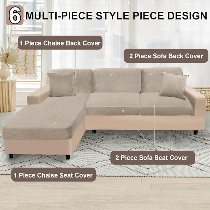 NAISI Sectional Couch Covers 6 Pieces Velvet Couch Cushion Covers L Shape Soft Stretch Sofa Slipcovers with 2pcs Pillowcases for Left/Right Chaise Sectional Couch(2 Seater+1 Chaise+3 Back,Taupe)