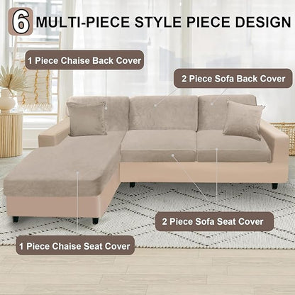 NAISI Sectional Couch Covers 6 Pieces Velvet Couch Cushion Covers L Shape Soft Stretch Sofa Slipcovers with 2pcs Pillowcases for Left/Right Chaise Sectional Couch(2 Seater+1 Chaise+3 Back,Taupe)