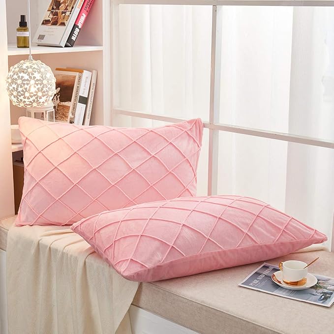 JAUXIO Diamond Pinch Pleated Crystal Velvet Pillowcases 2 Pack Solid Pintuck Throw Cushion Cover for Home Decor Hidden Zipper Closure (Pink, King)