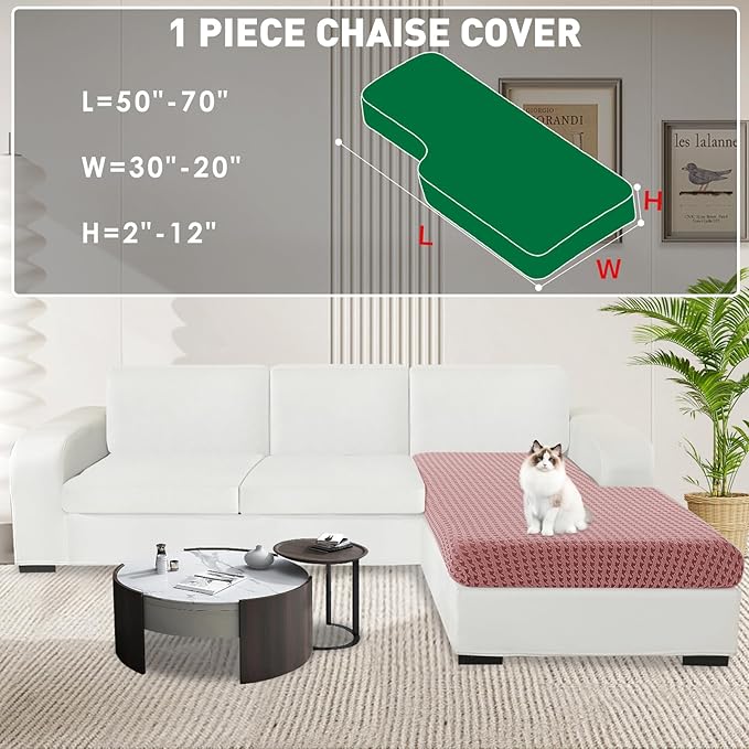 MAXIJIN Couch Cushion Covers for Sectional Sofa, Stretch Sofa Cushion Cover Washable Furniture Protector with Elastic Bottom & Non-Slip Strap for Pets Kids (1PC Chaise Cover, Pink)