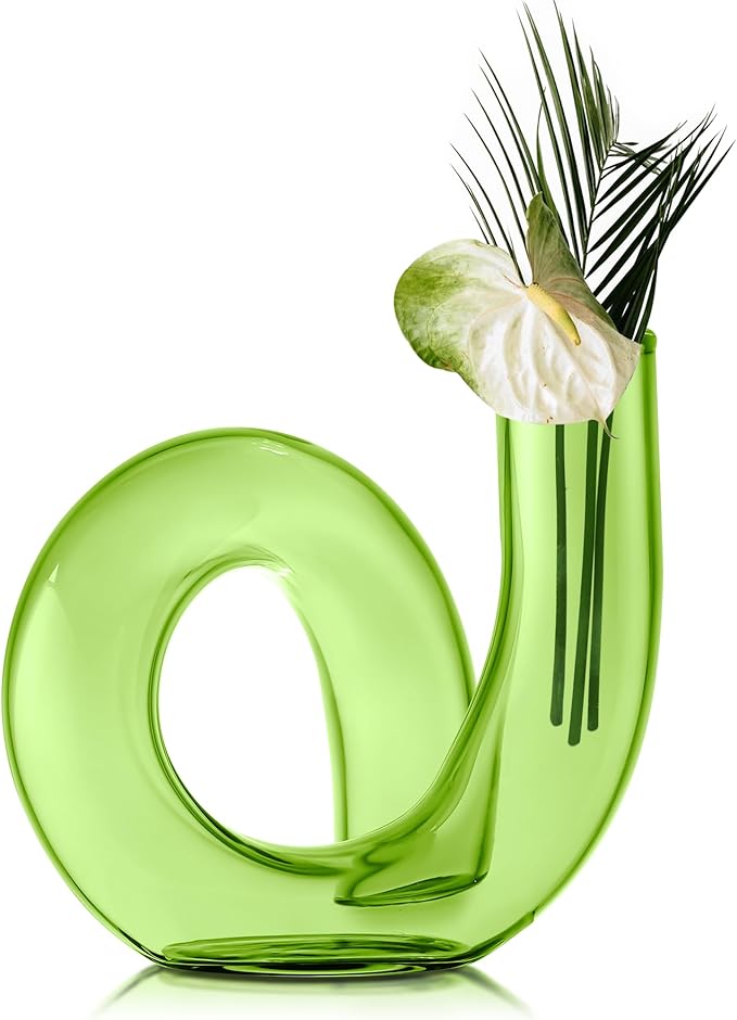 Joeyan Handmade Small Green Glass Flower Vase,Decorative Geometric Glass Bud Vase for Modern Home Centerpieces Living Room Office,4.72" Abstract Vase for Single Flower and Dry Flowers