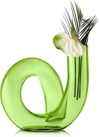 Joeyan Handmade Small Green Glass Flower Vase,Decorative Geometric Glass Bud Vase for Modern Home Centerpieces Living Room Office,4.72" Abstract Vase for Single Flower and Dry Flowers