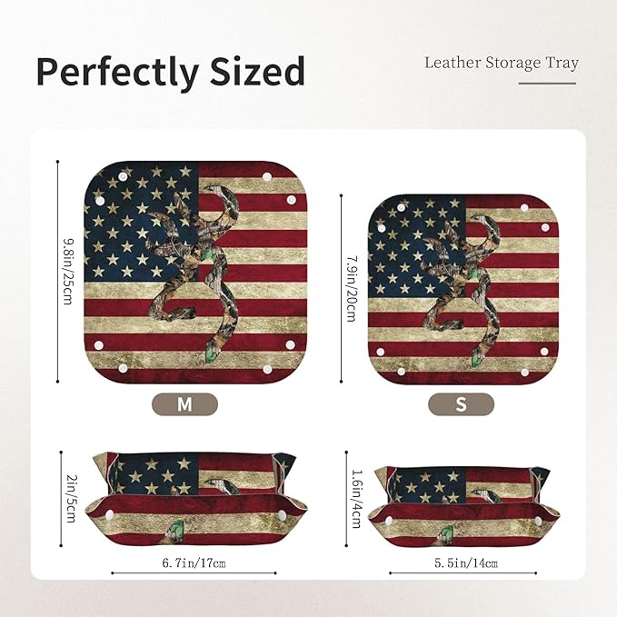 Valet Tray Gifts for Men Husband Boyfriend – Catchall Bedside Vanity Tray, Nightstand Caddy Leather Holder for Keys, Wallet, Coins, Trinkets & Jewelry Camo Deer American Flag Hunting 019