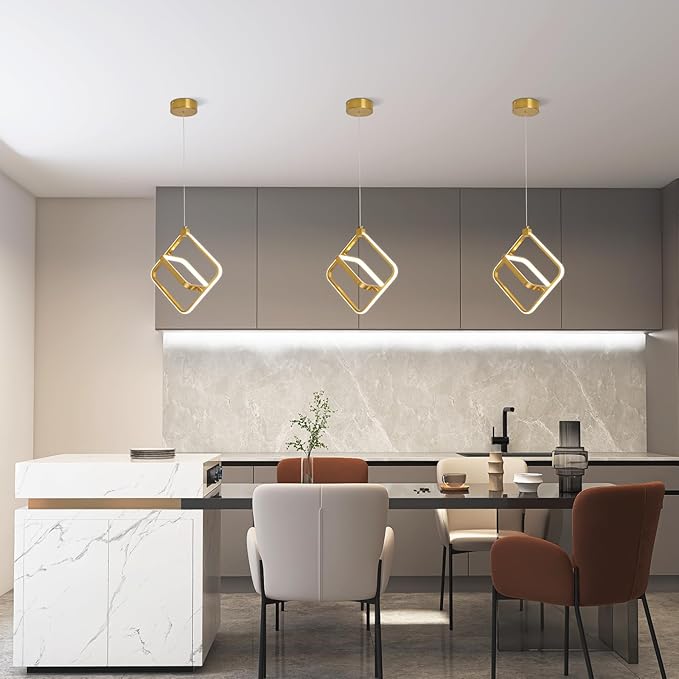 Modern LED Chandelier Gold Rectangular Pendant Light Fixtures 4000K 20W Dimmable Height Adjustable Pendant Lighting for Dining Room Kitchen Island Bedroom Living Room Foyer（3-Pack）