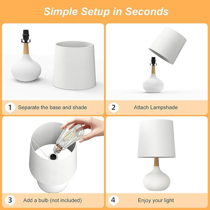 14" Ceramic Table Lamp Set of 2 with Natural Wood Stem & Linen Shade for Bedroom Decor,Modern Farmhouse Small Bedside Lamp for Nightstand, Living Room & Office (White)