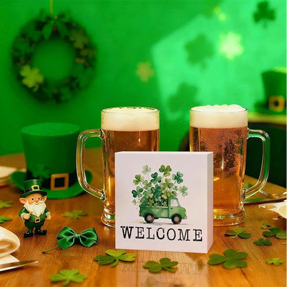 St Patrick Decor Welcome Wooden Box Sign, Shamrock Truck Farmhouse Tabletop Decor for Home Entryway Shelf Desk, Rustic Holiday Wooden Welcome Sign for Irish Theme Home 5 x 5 Inches