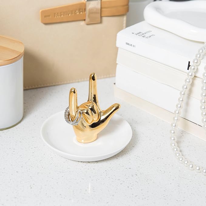I LOVE YOU Hand Ring Holder Dish Ceramic Jewelry Holder Dish Trinket tray for Rings Earrings Necklace Organizer, Engagement Wedding Ring Holder, Christmas Birthday Gifts (Golden)