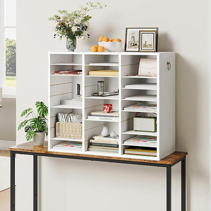 HOOBRO Literature Organizer, 27 Compartments Wooden Mail Organizer, Countertop Literature Sorter with Adjustable Shelves for Home, Office, School, Student Mailbox for Classroom, White WT27WF01