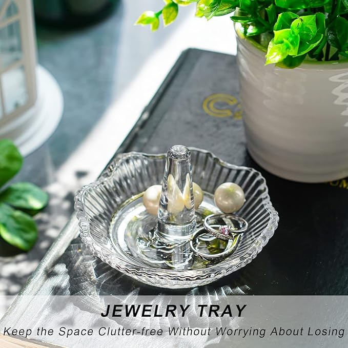 H&D HYALINE & DORA Crystal Scallop Ring Holder for Jewelry,Well-crafted Glass Rings Dish,Jewelry Rack Ring Holder for Wedding,Jewelry Display Decor Gift for Mom Wife Girlfriend(Clear)