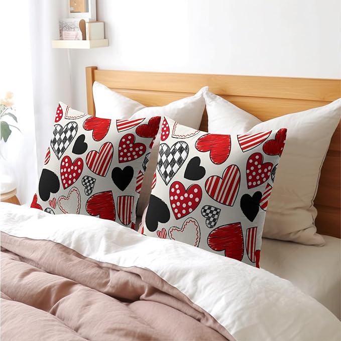 Valentines Day Pillow Covers 24x24 Set of 2 Black Red Heart Throw Pillow Covers Love Pillowcase Linen Decoration Farmhouse Holiday Cozy Soft Cushion Case Couch for Indoor Outdoor Home Decor