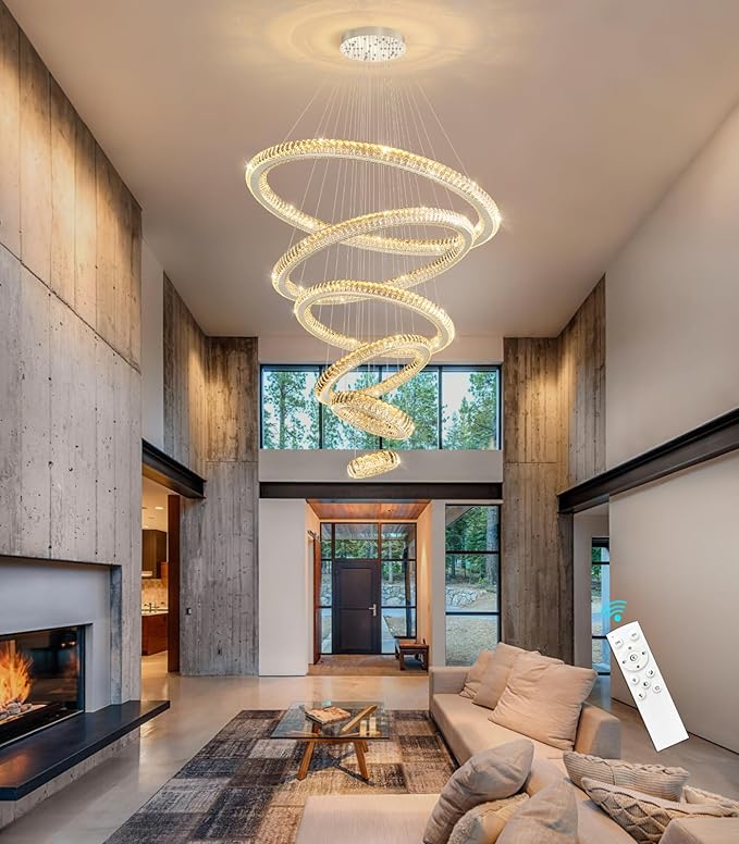 Modern Chandelier 8"+16"+24"+32"+40"+47" 6 Rings Crystal LED Dimmable Lighting Foyer Entryway High Ceiling Living Room Chanderliers Pendant Lights Fixtures Silver Light