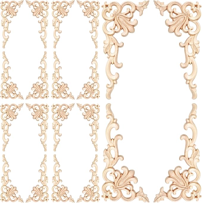 20 Pcs Wood Applique Corner Onlay Decorative Wood Applique DIY Wooden Carved Corner Unpainted Wooden Carved Decals Carving Decal for Furniture Wall Cupboard Bed Cabinet(Cute Style)