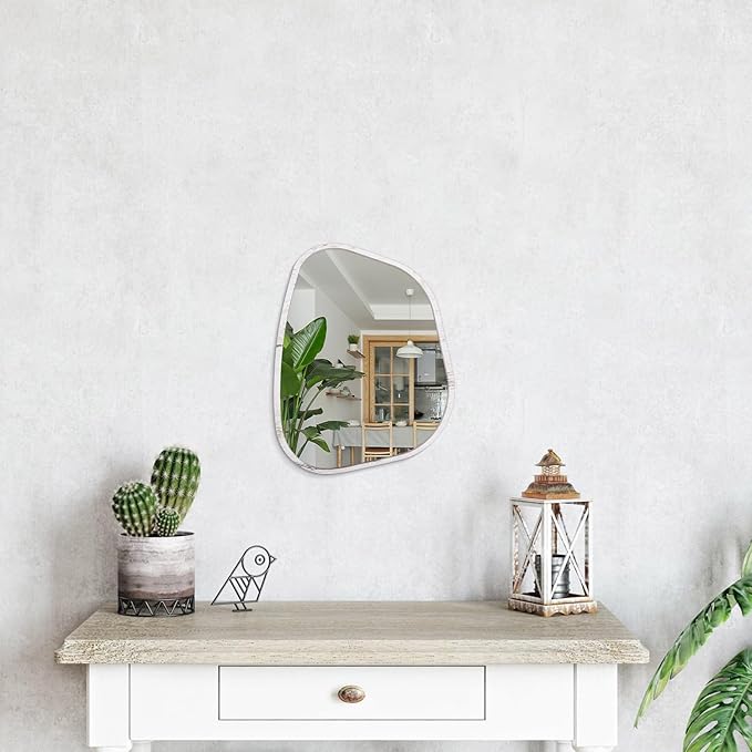 Irregular Wall Mirror Modern Oval Asymmetrical Wooden Framed Unique Hanging Mirror Artistic Wavy Mirror Decor Bathroom Vanity Bedroom Living Room Entryway Hallway Small 14"x10"