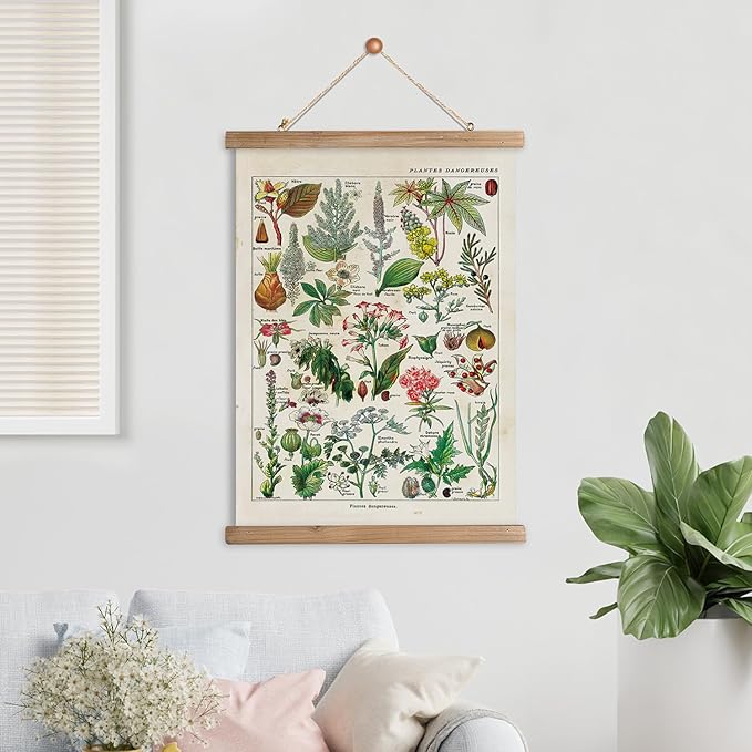 XIAOAIKA Vintage Botany Poster with Wooden Frame, Antique Poisonous Plants Chart - Botanical Educational Art with Dangerous Species - Retro-Style Wall Hanging for Home Classroom Decor 20 x 30 Inches