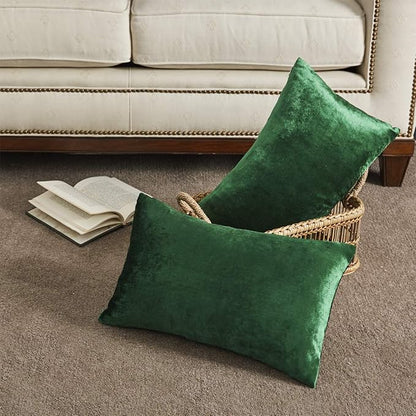 GIGIZAZA Decorative Small Lumbar Pillow Covers, Set of 2 Cushion Covers Velvet Forest Green Pillows,Sofa Throw 12 X 20 Pillow Covers