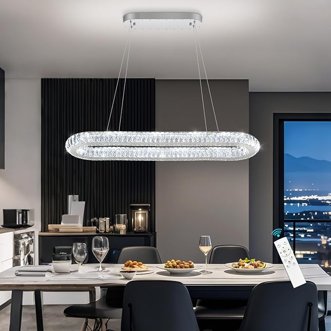 LED Ring Chandelier Oval Rings Pendant Lights for Dining Table Kitchen Island Remote Dimmable Hanging Light Chandeliers for Entryway Living Room Crystal Lighting Silver