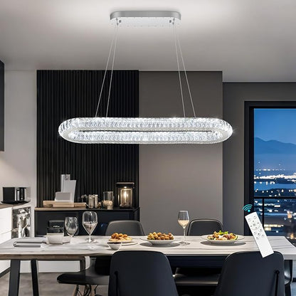 LED Ring Chandelier Oval Rings Pendant Lights for Dining Table Kitchen Island Remote Dimmable Hanging Light Chandeliers for Entryway Living Room Crystal Lighting Silver