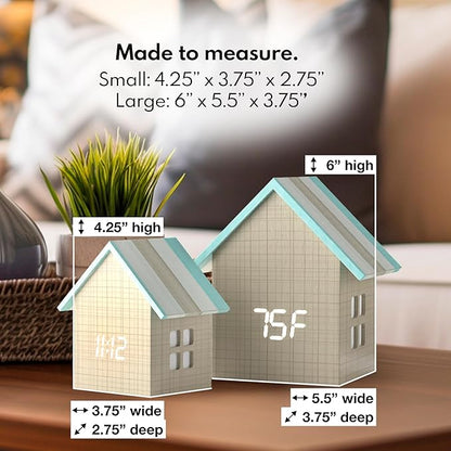 Driini Digital House Shaped Alarm Clock with Temperature Display (Stripe Wood) – Modern Aesthetic - Cute Cube Frame and White LED Dimmer - Perfect Small Desk Clock for Bedside Table or Bedroom Mantle