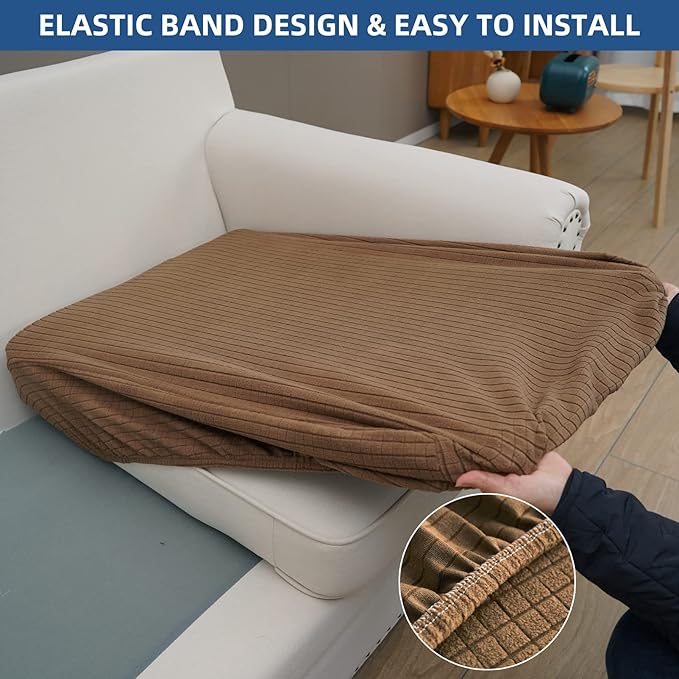 Eismodra Couch Cushion Covers Magic Stretch Sofa Slipcover for 3 Cushion Couch Dogs Pet L Shape 2 Seat Replacement Furniture Protector,Light Brown Length 25-37 inches(Only 1 Piece)