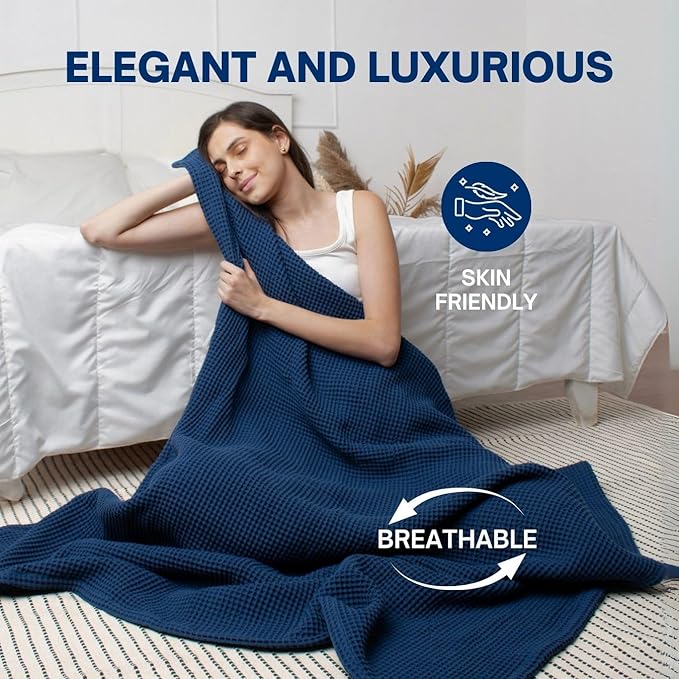 100% Cotton Waffle Blankets for Bed - Throw (50" x 60") Lightweight, Breathable and Soft, Waffle Weave Blanket for All-Season - Summer, Spring, Winter (Blue)