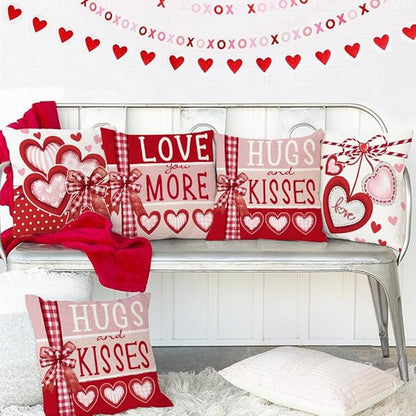 GEEORY Valentine's Day Love You More Hugs and Kisses Throw Pillow Covers 18x18 Inch Set of 4, Red Hearts Stripes Decorative Farmhouse Wedding Cushion Case for Home Decoration G650-18