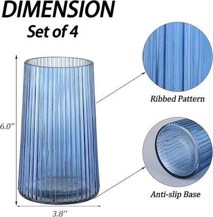 Blue Glass Vases Set of 4, Small Vases for Flowers, Flower Vase for Bouquet, Modern Ribbed Glass Vase for Living Room, Bedroom, Dining Table, Office, Wedding, Centerpieces