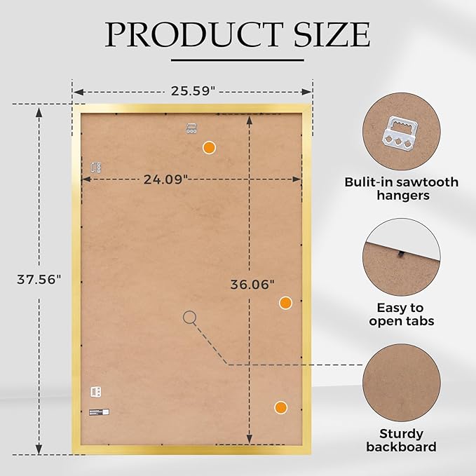 Muzilife 24×36" Large Poster Frame 1 Pack, Engineered Wood Movie Poster Picture Frames with HD Plexiglass Cover and Hanging Hardware for Horizontal or Vertical, Gold
