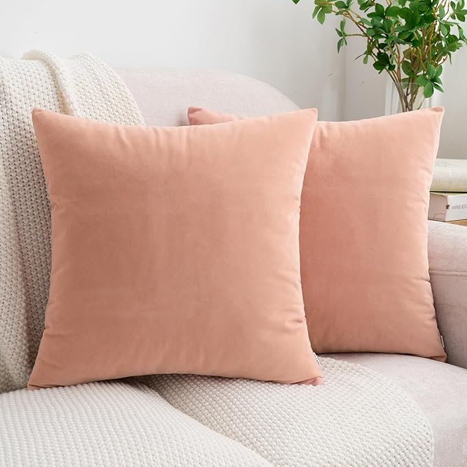 HWY 50 Dusty Pink Velvet Throw Pillow Covers 18x18 Inch, Pack of 2 Soft Cozy Solid Decorative Luxury Cushion Cases for Couch Sofa Bed Living Room Bedroom
